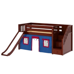 Maxtrix Twin Low Loft Bed With Stairs, Curtain + Slide