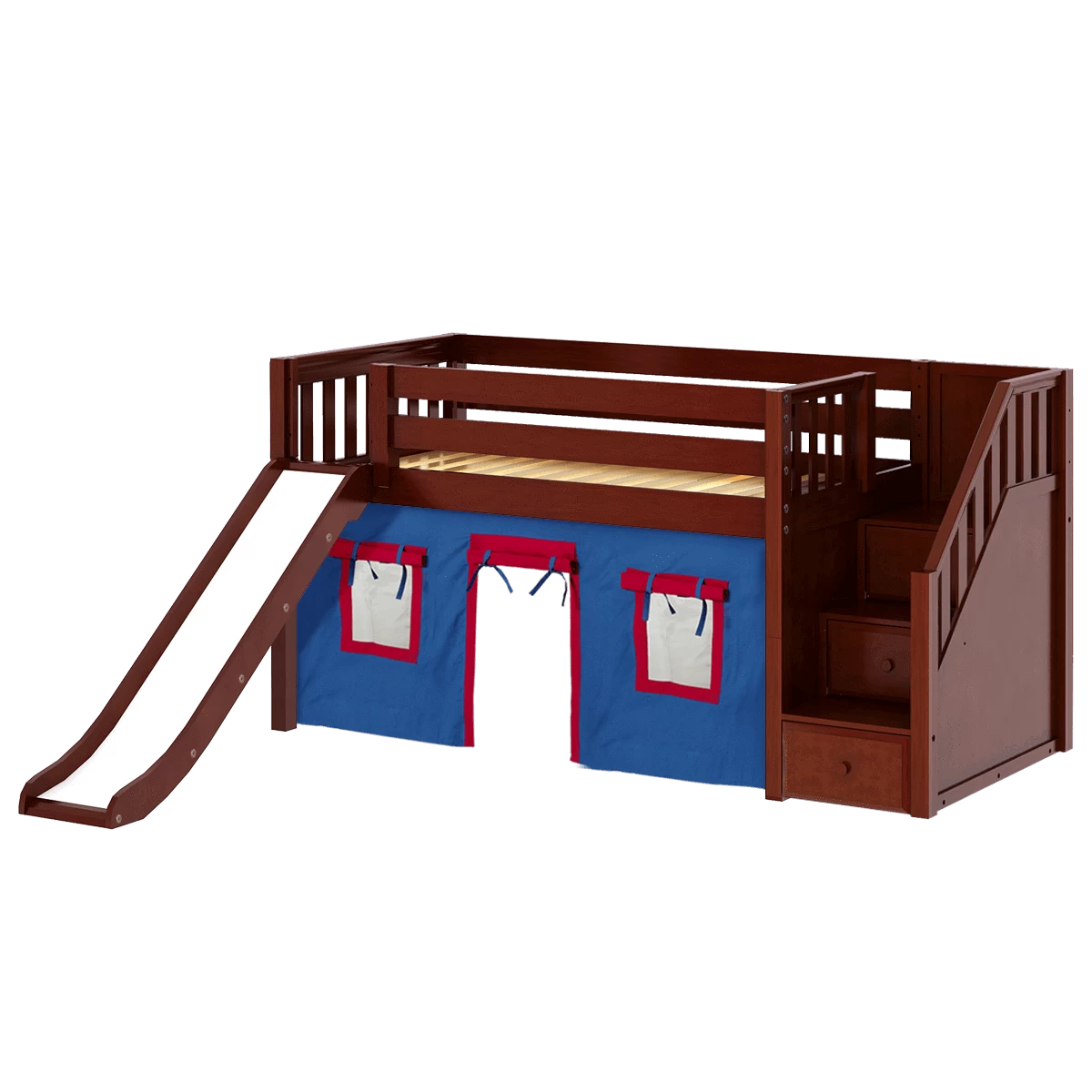 Maxtrix Twin Low Loft Bed With Stairs, Curtain + Slide