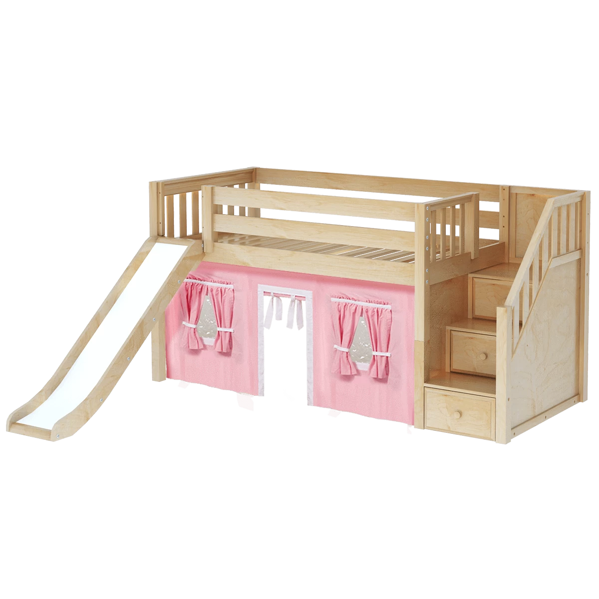 Maxtrix Twin Low Loft Bed With Stairs, Curtain + Slide - Image 9