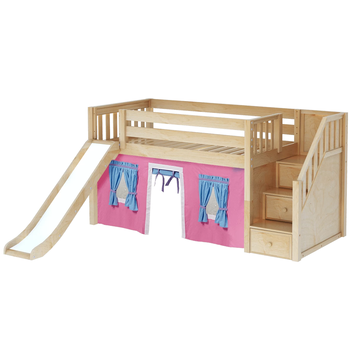 Maxtrix Twin Low Loft Bed With Stairs, Curtain + Slide - Image 2