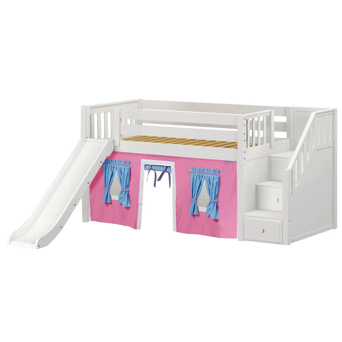 Maxtrix Twin Low Loft Bed With Stairs, Curtain + Slide - Image 19
