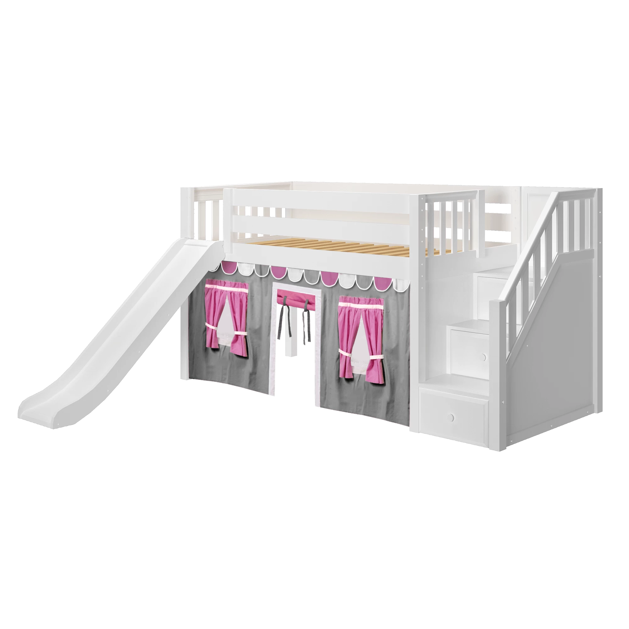 Maxtrix Twin Low Loft Bed With Stairs, Curtain + Slide - Image 6