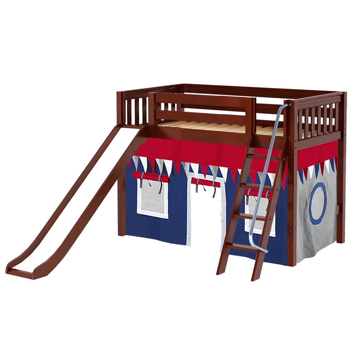 Maxtrix Twin Mid Loft Bed With Angled Ladder, Curtain + Slide