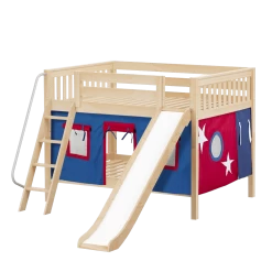 Maxtrix Full Low Bunk Bed With Angled Ladder, Curtain + Slide