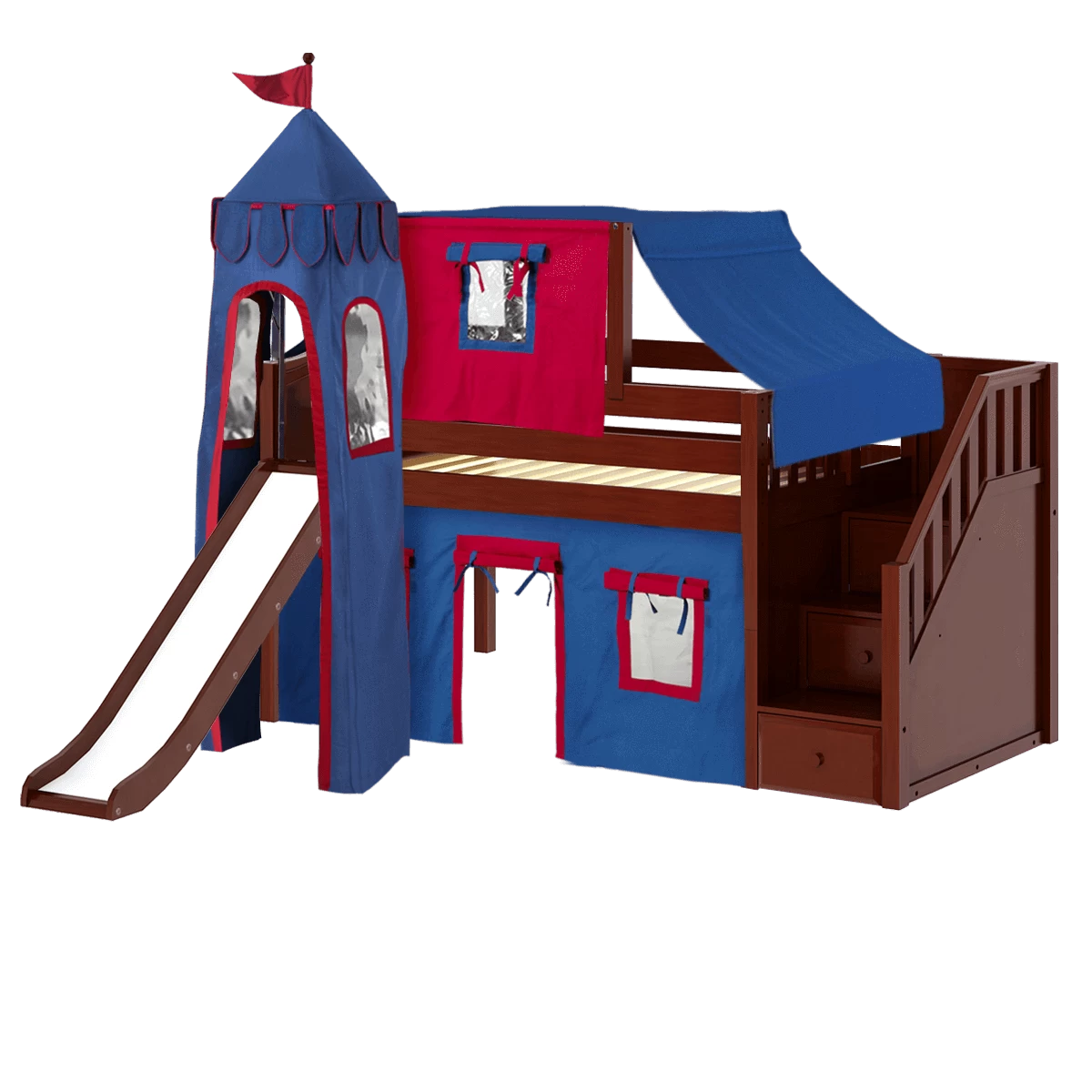 Maxtrix Twin Low Loft Bed With Stairs, Curtain, Top Tent, Tower + Slide - Image 15