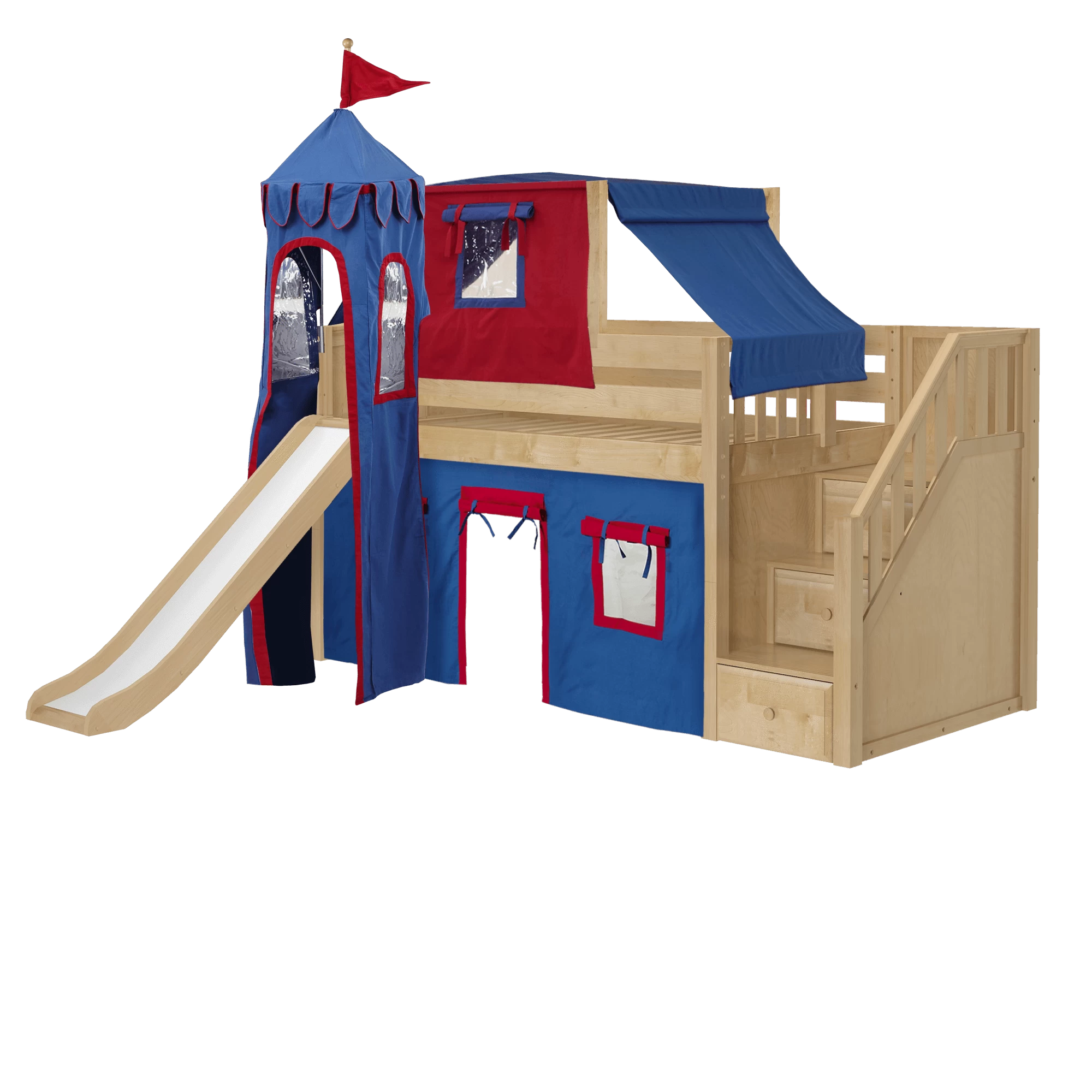 Maxtrix Twin Low Loft Bed With Stairs, Curtain, Top Tent, Tower + Slide - Image 8