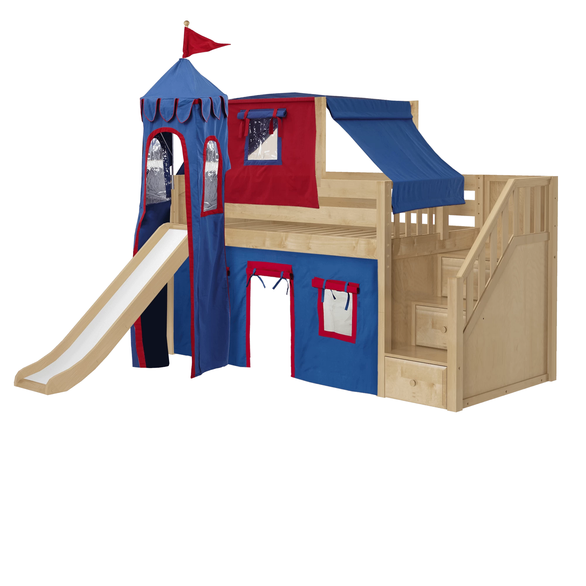 Maxtrix Twin Low Loft Bed With Stairs, Curtain, Top Tent, Tower + Slide - Image 9