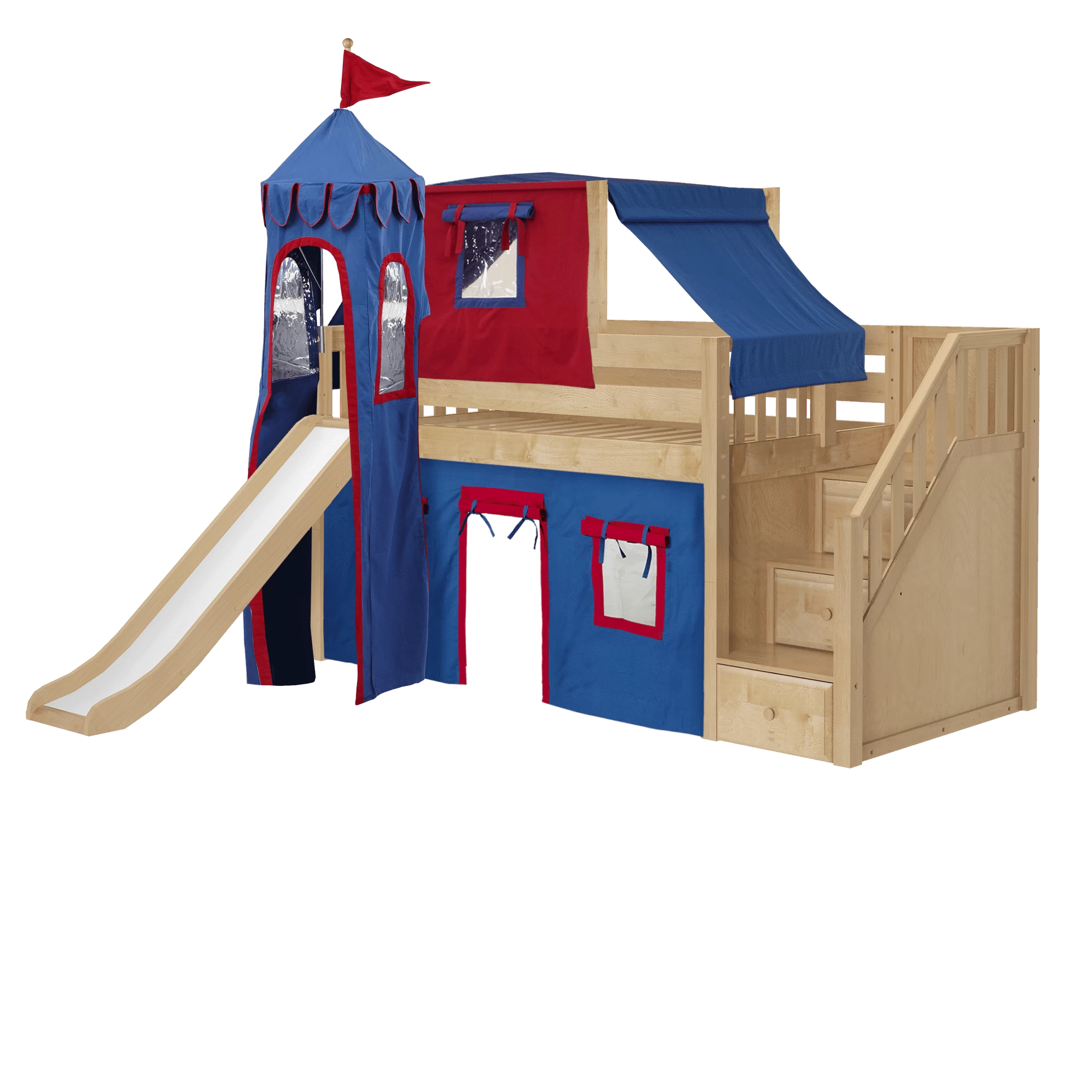 Maxtrix Twin Low Loft Bed With Stairs, Curtain, Top Tent, Tower + Slide - Image 5