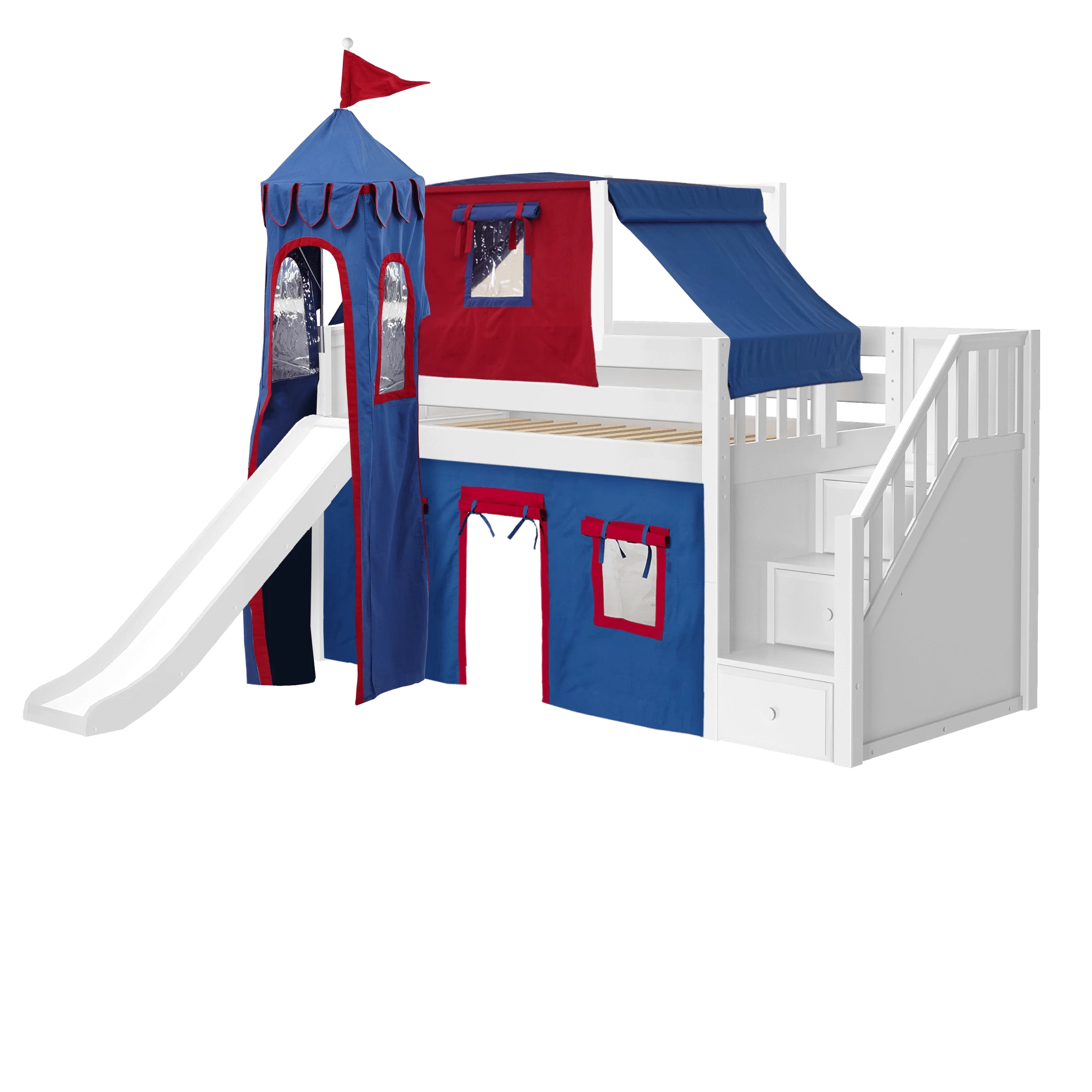 Maxtrix Twin Low Loft Bed With Stairs, Curtain, Top Tent, Tower + Slide - Image 3