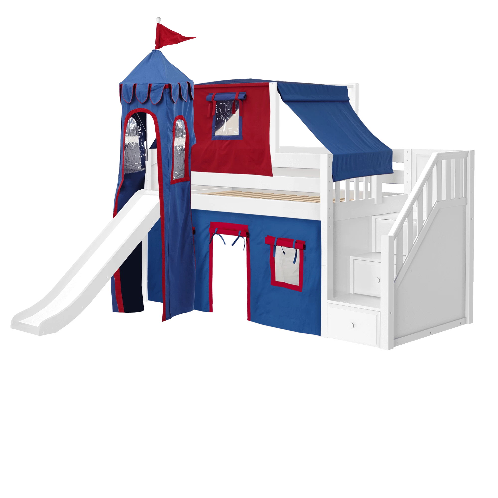 Maxtrix Twin Low Loft Bed With Stairs, Curtain, Top Tent, Tower + Slide - Image 4