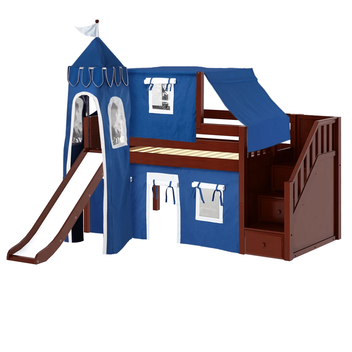 Maxtrix Twin Low Loft Bed With Stairs, Curtain, Top Tent, Tower + Slide - Image 10