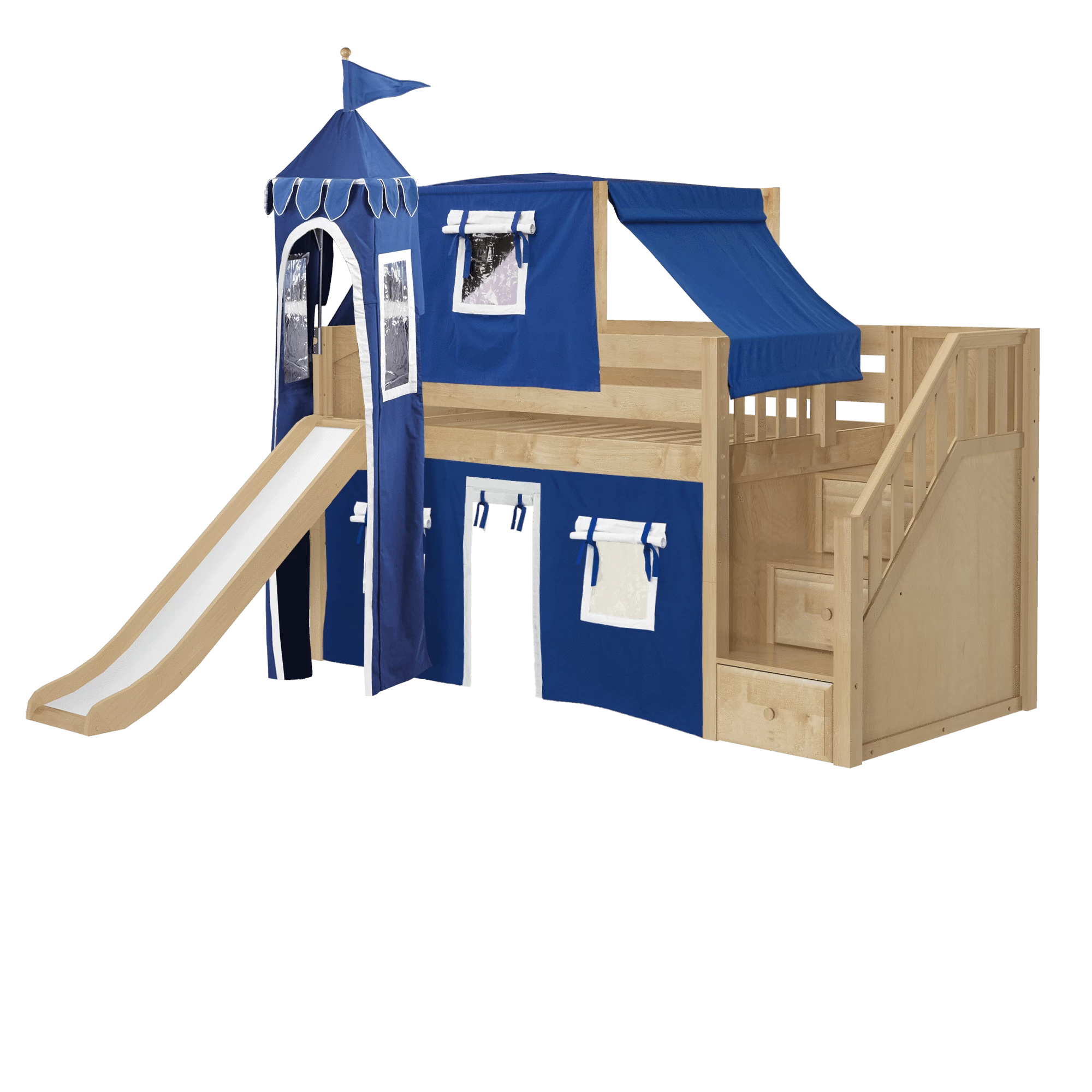 Maxtrix Twin Low Loft Bed With Stairs, Curtain, Top Tent, Tower + Slide - Image 13