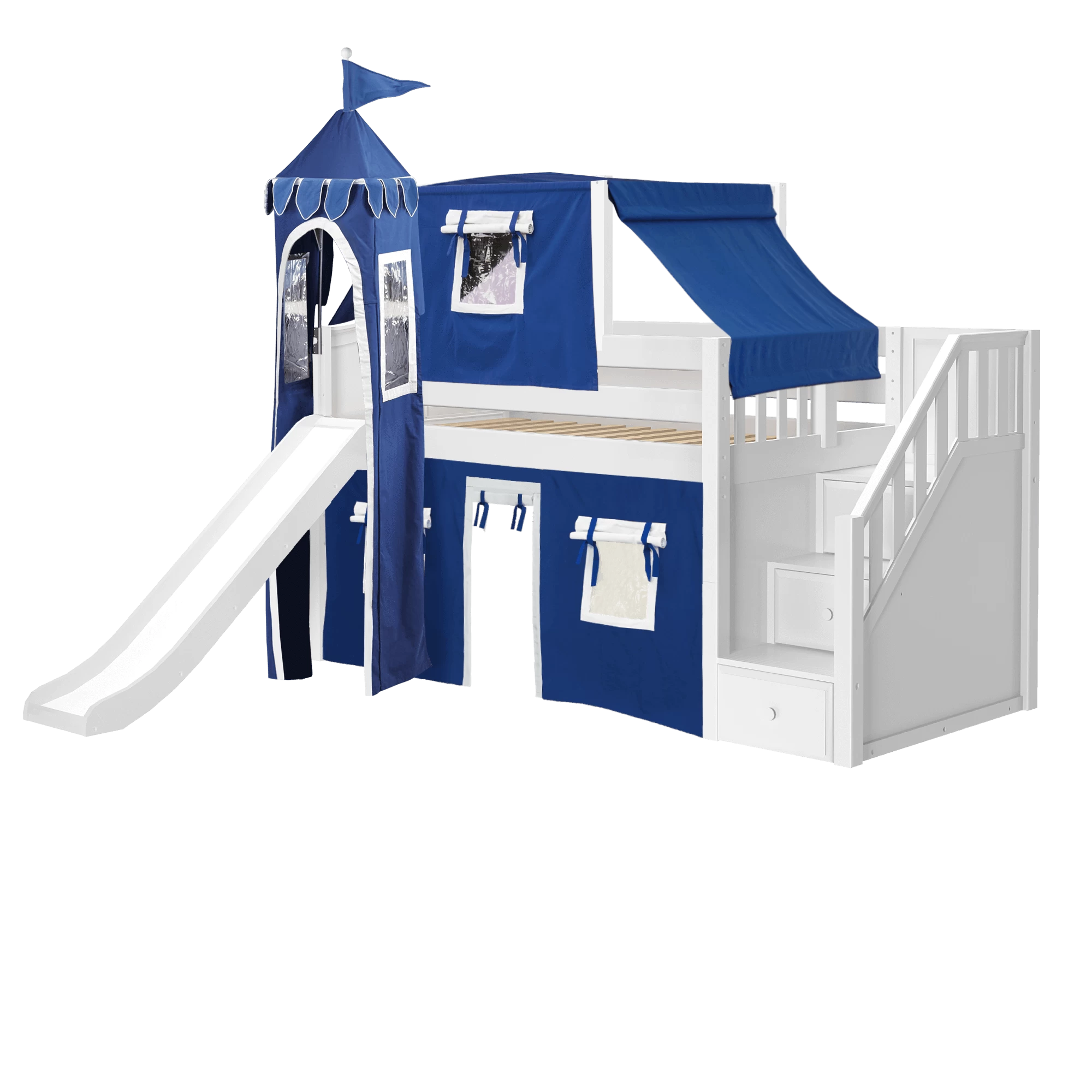 Maxtrix Twin Low Loft Bed With Stairs, Curtain, Top Tent, Tower + Slide - Image 12
