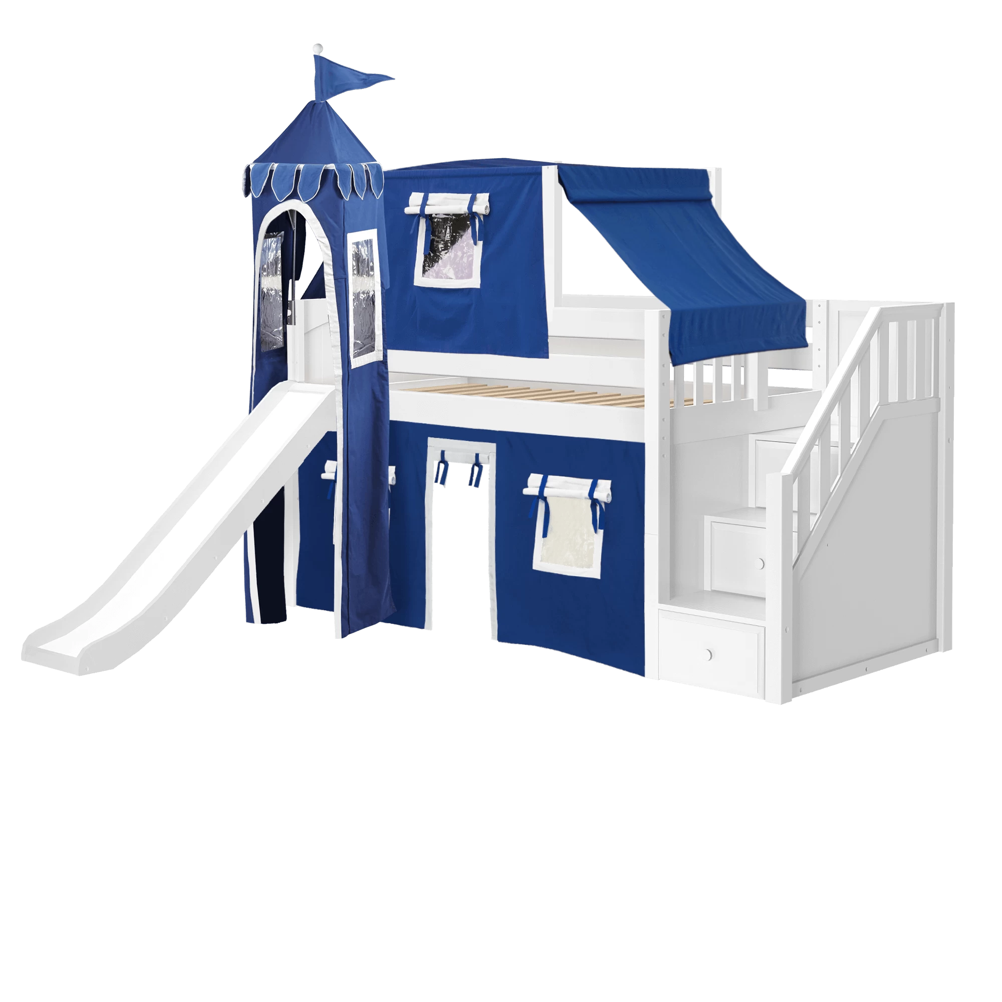 Maxtrix Twin Low Loft Bed With Stairs, Curtain, Top Tent, Tower + Slide - Image 16