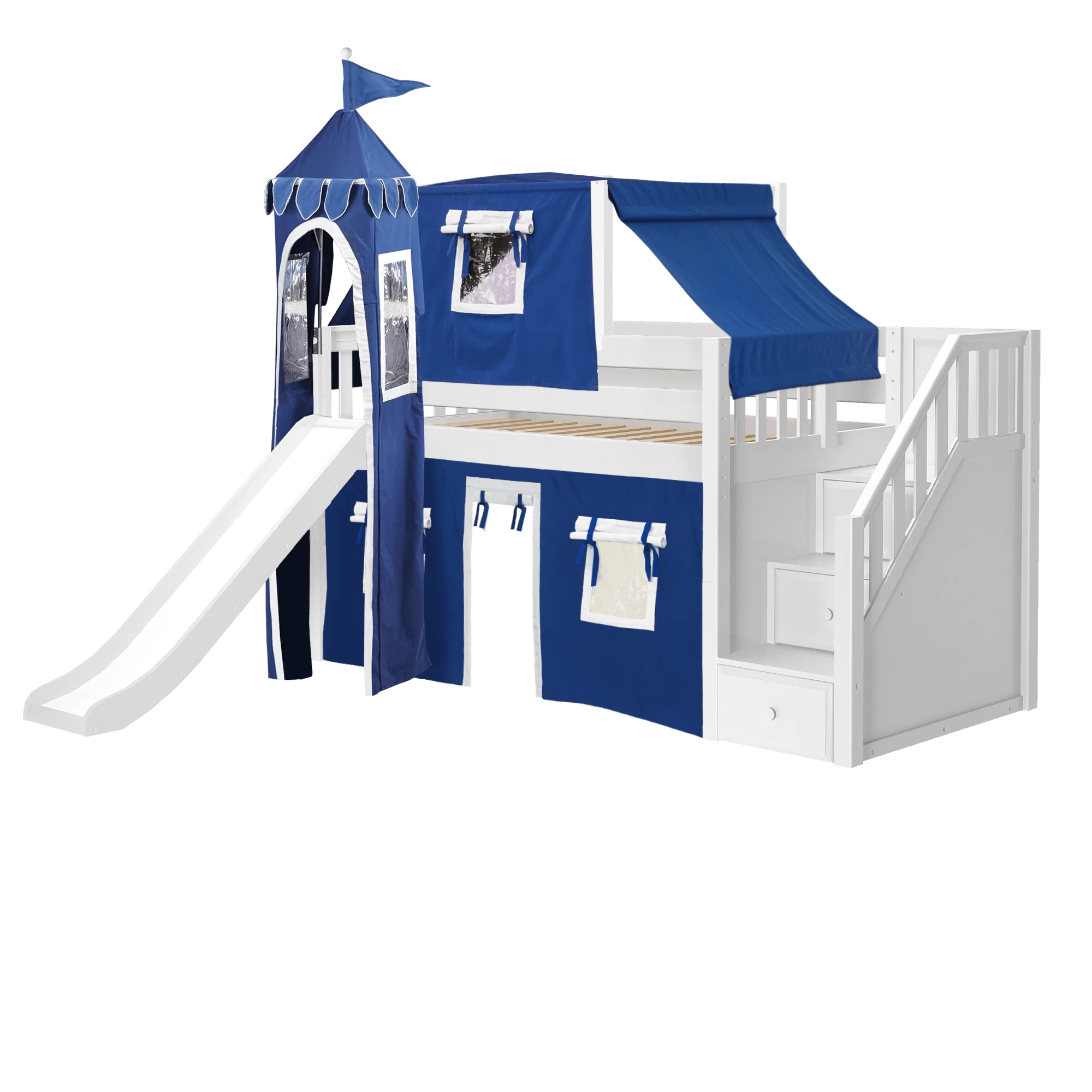 Maxtrix Twin Low Loft Bed With Stairs, Curtain, Top Tent, Tower + Slide - Image 17