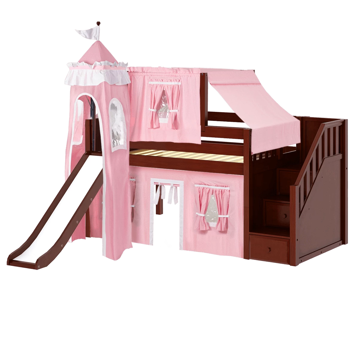 Maxtrix Twin Low Loft Bed With Stairs, Curtain, Top Tent, Tower + Slide - Image 19