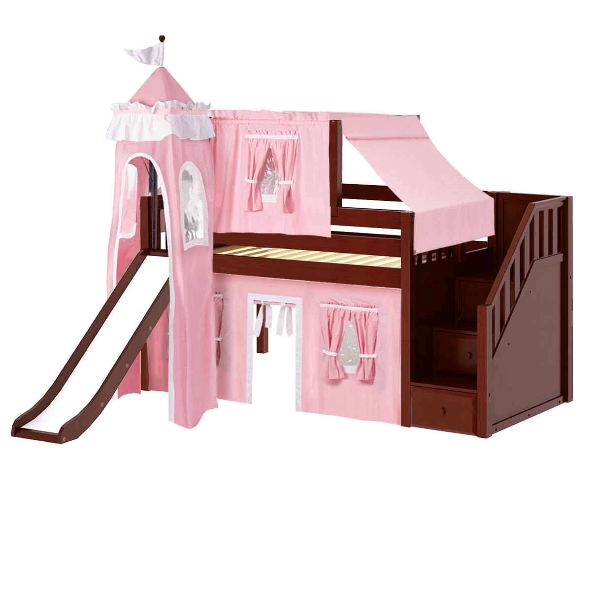 Maxtrix Twin Low Loft Bed With Stairs, Curtain, Top Tent, Tower + Slide - Image 20