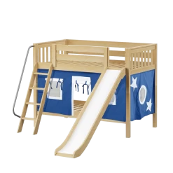 Maxtrix Twin Low Bunk Bed With Angled Ladder, Curtain + Slide