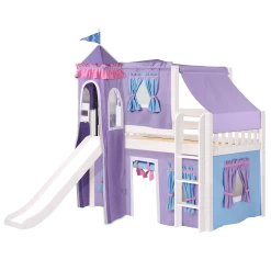 Maxtrix Twin Low Loft Bed With Straight Ladder, Curtain, Top Tent, Tower + Slide
