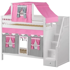 Maxtrix Twin High Bunk Bed With Stairs, Curtain + Top Tent