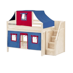 Maxtrix Full Low Bunk Bed With Stairs, Curtain + Top Tent