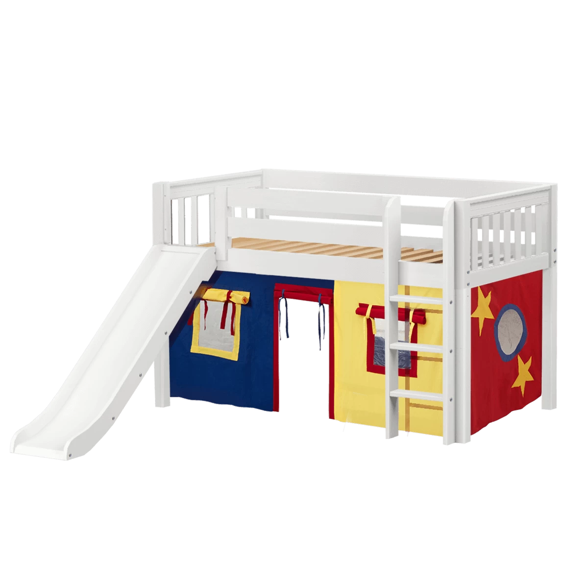 Maxtrix Twin Low Loft Bed With Straight Ladder, Curtain + Slide
