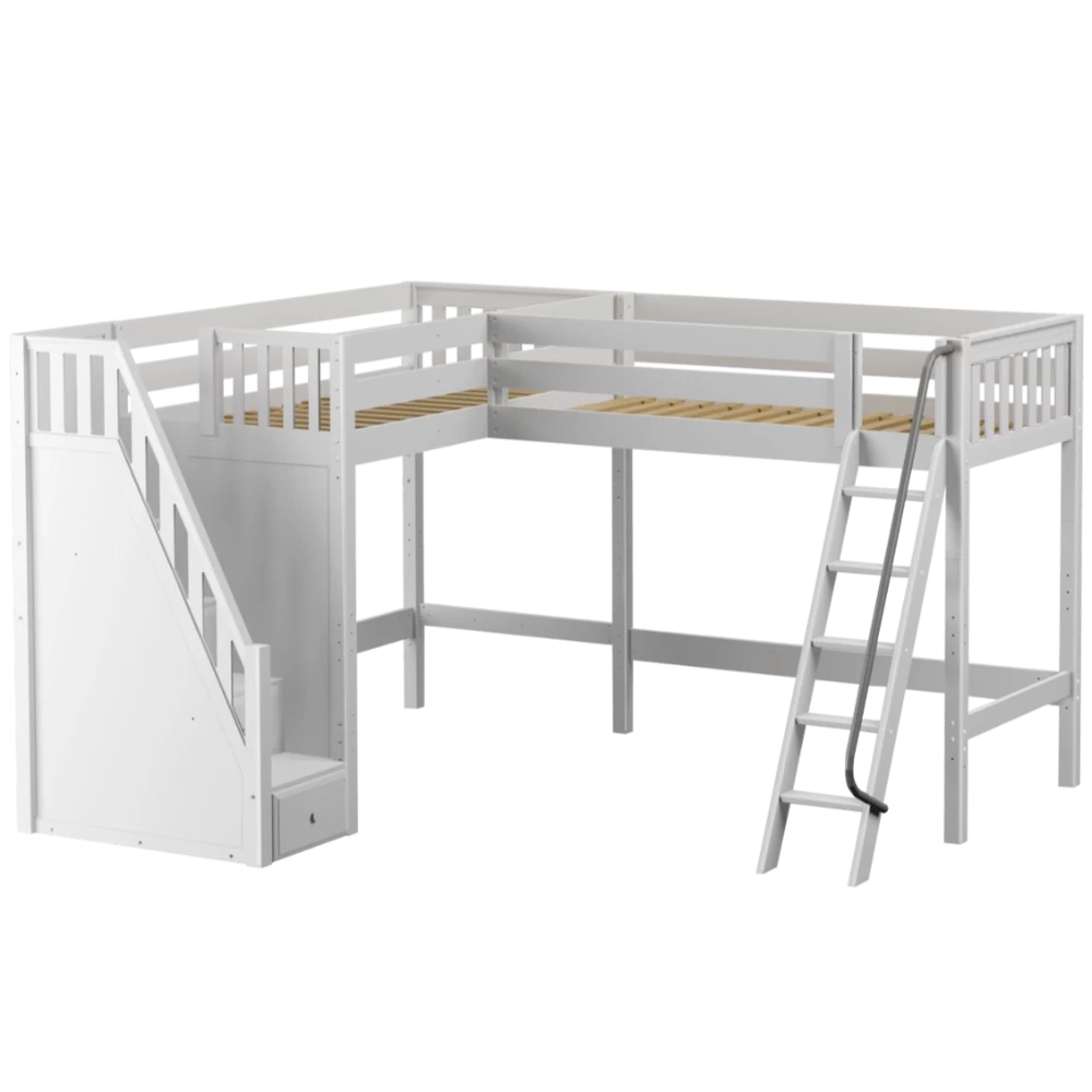 Maxtrix Twin XL High Corner Loft Bed With Ladder + Stairs - L
