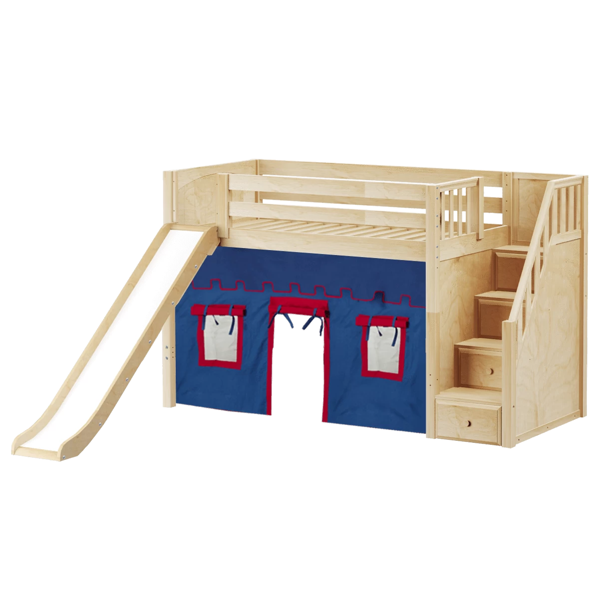 Maxtrix Twin Mid Loft Bed With Stairs, Curtain + Slide - Image 2