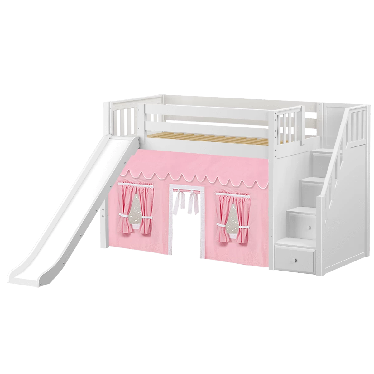 Maxtrix Twin Mid Loft Bed With Stairs, Curtain + Slide