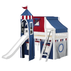 Maxtrix Twin Low Loft Bed With Angled Ladder, Curtain, Top Tent, Tower + Slide